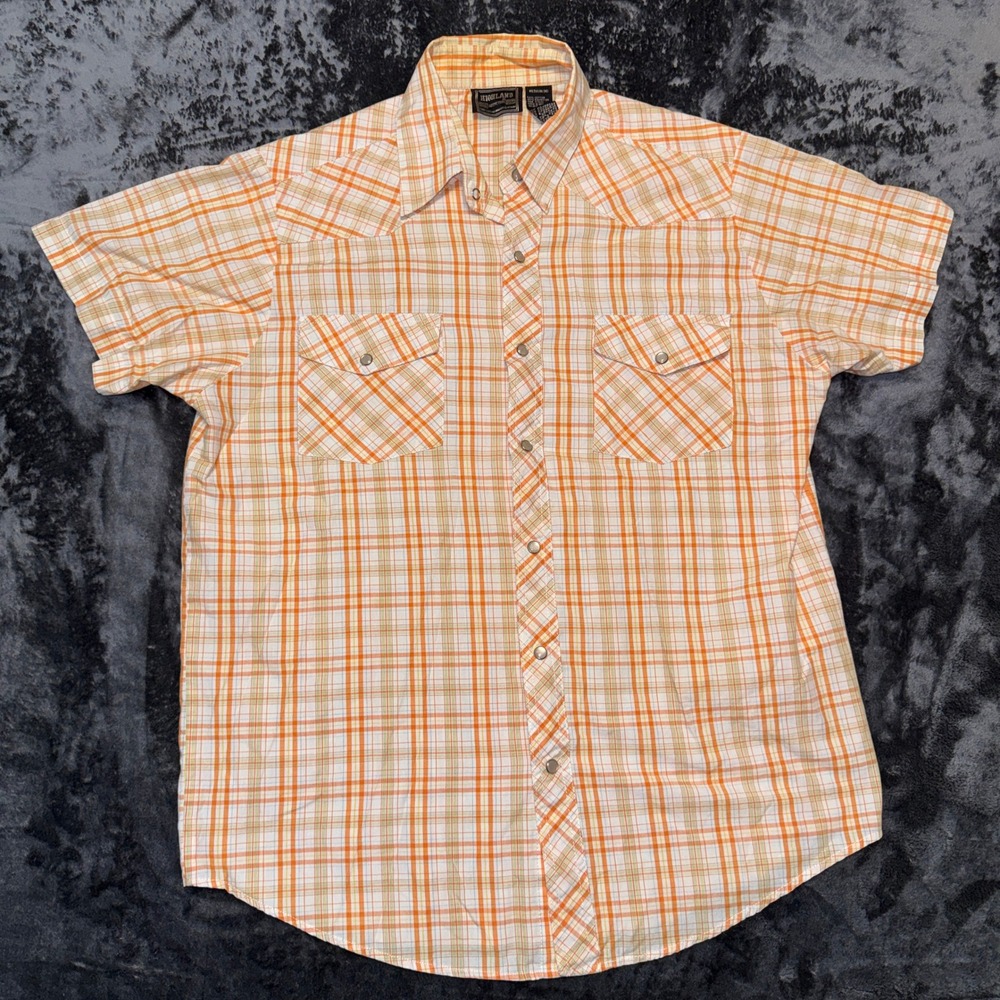 Highland Outfitters Mens Orange Plaid‎ Western Pearl Snap Short Sleeve Shirt M